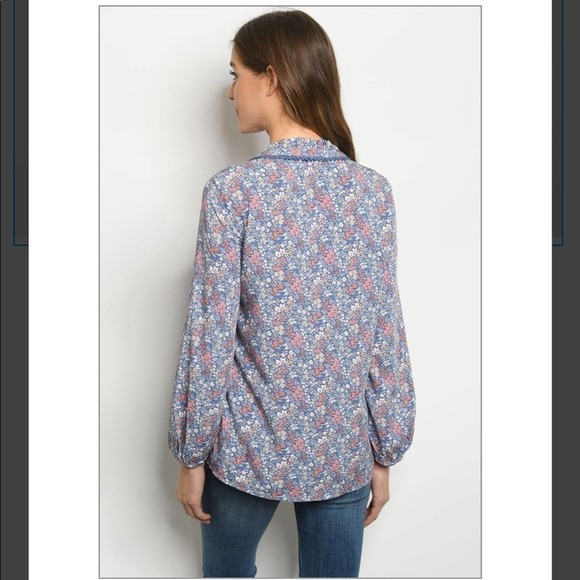 BLUE Floral Lace Collar Top Small - Picture 2 of 4
